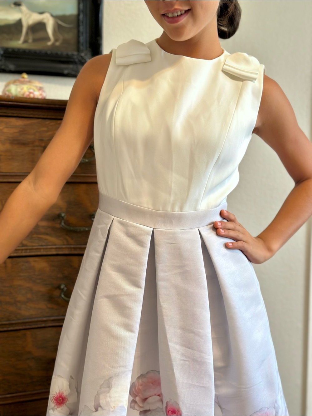 Ted Baker London Cream & Light Gray Pleated Midi Dress with Floral Hem